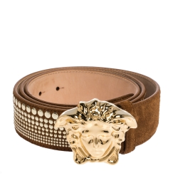 Pre Owned Versace Brown Studded Suede Medusa Belt 105CM