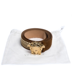 Pre Owned Versace Brown Studded Suede Medusa Belt 105CM
