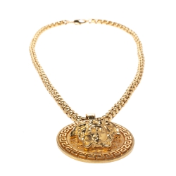 Versace Medusa Gold Tone Chain Link Medallion Pendant Necklace