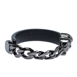 Versace Black Medusa Icon Chain Detail Leather Bracelet
