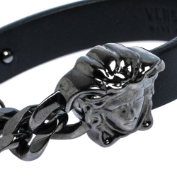 Versace Black Medusa Icon Chain Detail Leather Bracelet