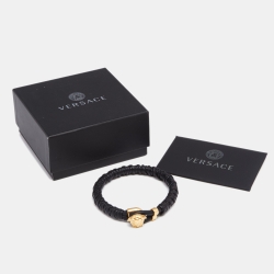 Pre Owned Versace Black Braided Leather Medusa Gold Tone Bracelet