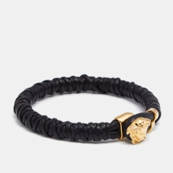 Pre Owned Versace Black Braided Leather Medusa Gold Tone Bracelet