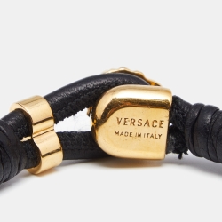 Pre Owned Versace Black Braided Leather Medusa Gold Tone Bracelet