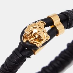 Pre Owned Versace Black Braided Leather Medusa Gold Tone Bracelet