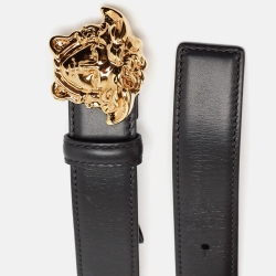 Pre Owned Versace Black Leather La Medusa Buckle Belt 100CM