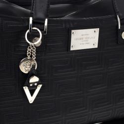 Pre Owned Versace Black Leather Trapuntato Duffle Travel Bag