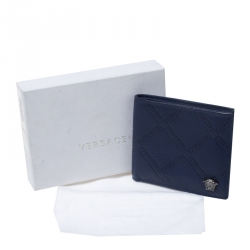 Versace Blue Greca Embossed Leather Bifold Wallet