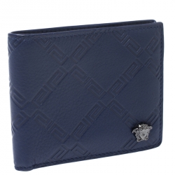Versace Blue Greca Embossed Leather Bifold Wallet