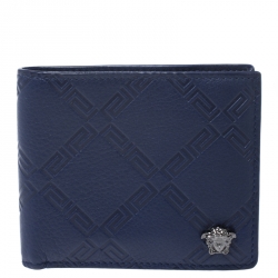 Versace Blue Greca Embossed Leather Bifold Wallet