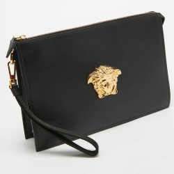 Versace Black Leather Medusa Head Wristlet Clutch