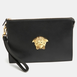 Versace Black Leather Medusa Head Wristlet Clutch