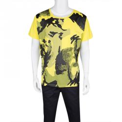 Pre Owned Versace Collection Yellow Camouflage Print Short Sleeve Cotton T-Shirt XXL