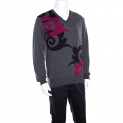 Pre Owned Versace Collection Grey Wool Patterned V-Neck Sweater L