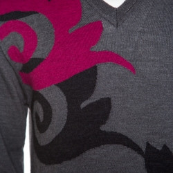 Pre Owned Versace Collection Grey Wool Patterned V-Neck Sweater L