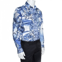 Pre Owned Versace Collection Blue Printed Cotton Button Front Trend Shirt L