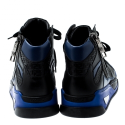 Versace Black/Blue Leather And Suede High Top Sneakers Size 42
