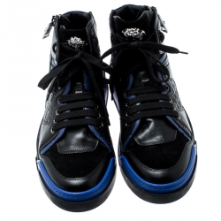 Versace Black/Blue Leather And Suede High Top Sneakers Size 42