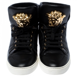 Versace Black Leather Medusa Lace High Top Sneakers Size 44