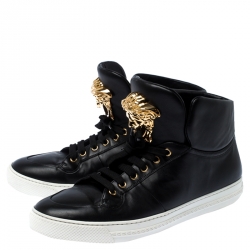 Versace Black Leather Medusa Lace High Top Sneakers Size 44