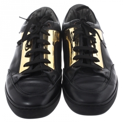 Versace Black Leather Gold Plate Low Top Sneakers Size 42