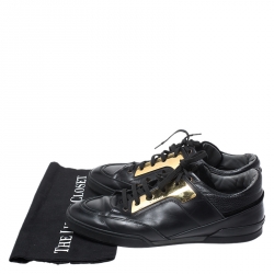 Versace Black Leather Gold Plate Low Top Sneakers Size 42