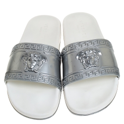 Pre Owned Versace Silver Rubber Medusa Head Slide Sandals Size 43