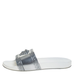 Pre Owned Versace Silver Rubber Medusa Head Slide Sandals Size 43