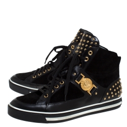 Versace Black Leather And Suede Studded Medusa High Top Sneakers Size 43