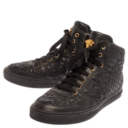 Versace Black Embroidered Leather Medusa High Top Sneakers Size 43