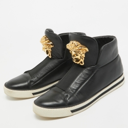 Versace Black Leather Palazzo High Top Sneakers Size 39.5