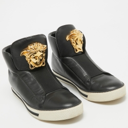 Versace Black Leather Palazzo High Top Sneakers Size 39.5