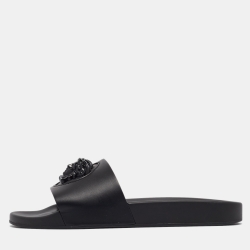 Versace Black Leather La Medusa Pool Slides Size 39