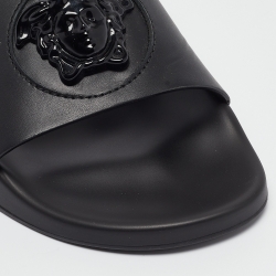 Versace Black Leather La Medusa Pool Slides Size 39