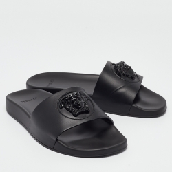 Versace Black Leather La Medusa Pool Slides Size 39