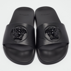 Versace Black Leather La Medusa Pool Slides Size 39