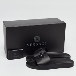 Versace Black Leather La Medusa Pool Slides Size 39