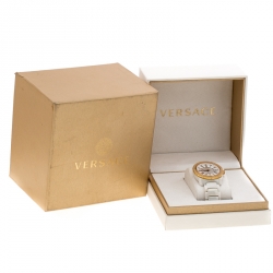 Pre Owned Versace White Mother of Pearl Diamond Stainless Steel Ceramic Unisex Men's Wristwatch 40MM
