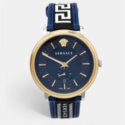 Versace Black Two Tone Stainless Steel Leather V-Circle VEBQ01419  Men's Wristwatch 42 mm