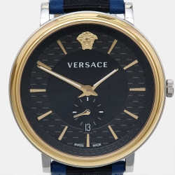 Versace Black Two Tone Stainless Steel Leather V-Circle VEBQ01419  Men's Wristwatch 42 mm