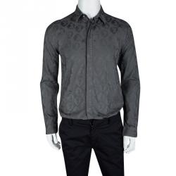 Pre Owned Versus Versace Grey Cotton Jacquard Long Sleeve Button Front Shirt M