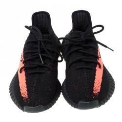 Pre Owned Yeezy x Adidas Core Black/Red Cotton Knit Boost 350 V2 Sneakers Size 43.5