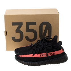 Pre Owned Yeezy x Adidas Core Black/Red Cotton Knit Boost 350 V2 Sneakers Size 43.5