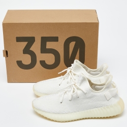 Pre Owned Yeezy x Adidas White Knit Fabric Boost 350 V2 Cream Sneakers Size 42 2/3