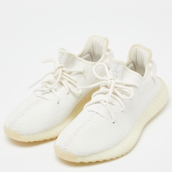 Pre Owned Yeezy x Adidas White Knit Fabric Boost 350 V2 Cream Sneakers Size 42 2/3