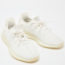 Pre Owned Yeezy x Adidas White Knit Fabric Boost 350 V2 Cream Sneakers Size 42 2/3