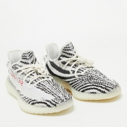 Pre Owned Yeezy x Adiddas White/Black Knit Fabric Boost 350 V2 Zebra Sneakers Size 47 1/3