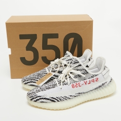 Pre Owned Yeezy x Adiddas White/Black Knit Fabric Boost 350 V2 Zebra Sneakers Size 47 1/3