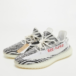 Pre Owned Yeezy x Adiddas White/Black Knit Fabric Boost 350 V2 Zebra Sneakers Size 47 1/3