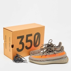 Pre Owned Yeezy x Adidas Grey/Neon Orange Knit Fabric Boost 350 V2 Beluga Reflective Sneakers Size 47 1/3